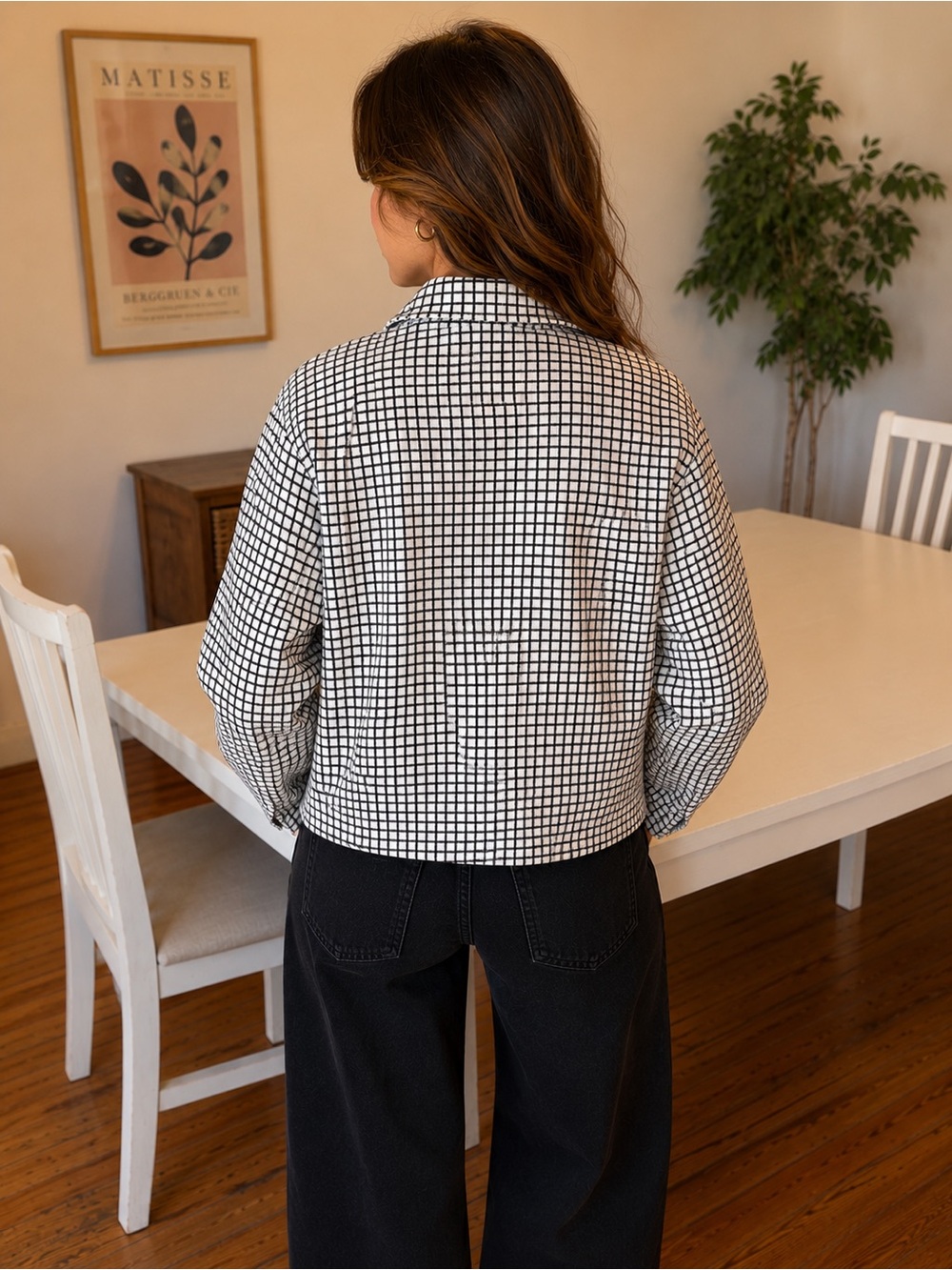 CAbi Black & White Grid Cropped Jacket | Asymmetrical Button Front - Picture 2 of 2